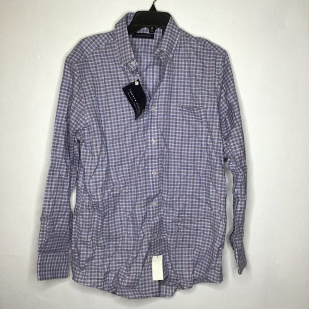 Tommy Hilfiger Men Button-Up Shirt Long Sleeve Purple Blue Plaid Medium 15.5 NWT